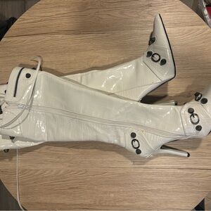 Fashion Nova White Croc-Embossed Knee-High Boots